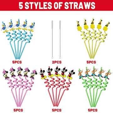 25pcs Mouse Straws Mouse Party Supplies Favors With 2pcs Cleaning Brush Plastic Reusable Straws Birthday Party Supplies Toys For Boys Girls Kids