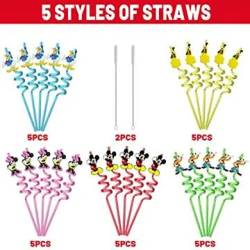 25pcs Mouse Straws Mouse Party Supplies Favors With 2pcs Cleaning Brush Plastic Reusable Straws Birthday Party Supplies Toys For Boys Girls Kids
