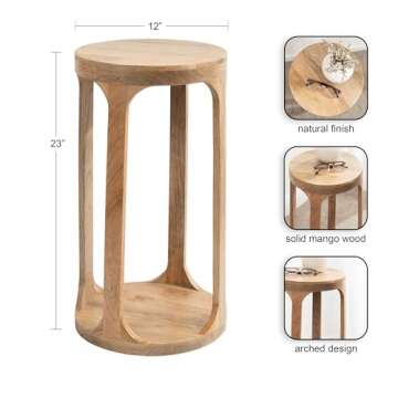 Kate and Laurel Dahl Wooden Round Drink Table, 12 x 23, Natural Brown, Transitional Boho Circle Wood Accent Pedestal Table for Living Room Plant Stand or Small Bedroom Nightstand