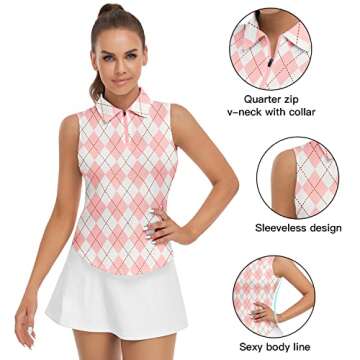 Womens Argyle Golf Shirt Sleeveless Athletic Sport Polo Tank Top Printed Polo Half Zip Tennis Shirts Sleeveless Pink