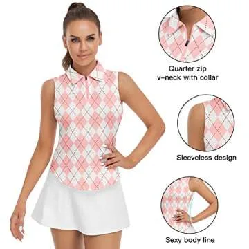 Womens Argyle Golf Shirt Sleeveless Athletic Sport Polo Tank Top Printed Polo Half Zip Tennis Shirts Sleeveless Pink
