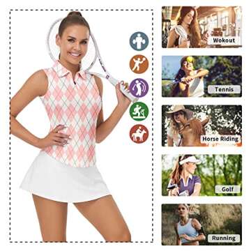 Womens Argyle Golf Shirt Sleeveless Athletic Sport Polo Tank Top Printed Polo Half Zip Tennis Shirts Sleeveless Pink