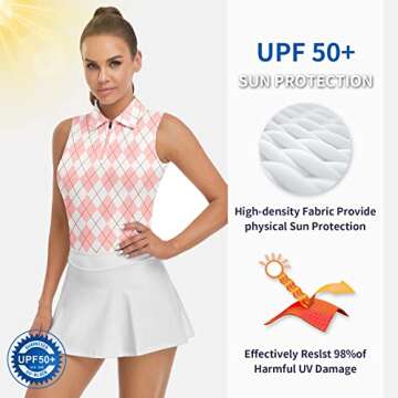 Womens Argyle Golf Shirt Sleeveless Athletic Sport Polo Tank Top Printed Polo Half Zip Tennis Shirts Sleeveless Pink