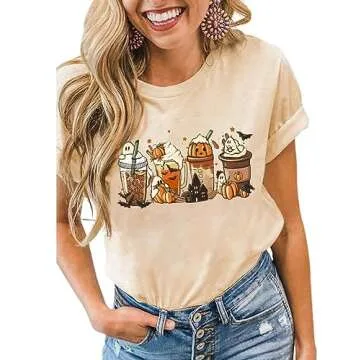 Pumpkin Latte Shirt Women Funny Graphic Fall Coffee Tee Coffee Lover Shirts Gifts Halloween Pumpkin Spice Tops (S, Ghost-Khaki)