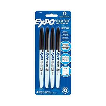 EXPO Vis-A-Vis Wet-Erase Overhead Transparency Markers - Black, Fine Point, 4-Pack