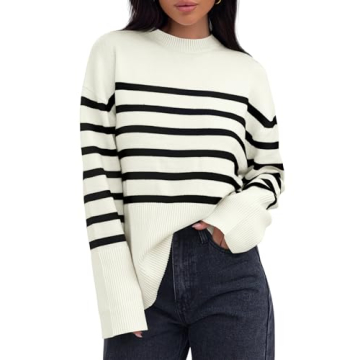 ZESICA Women's Fall Winter Striped Long Sleeve Crew Neck Ribbed Knit Side Slit Oversized Pullover Sw...