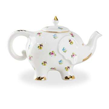 Grace Teaware Fine Porcelain Happy Elephant 28-Ounce Teapot (Floral Pansy) with Gold Trim