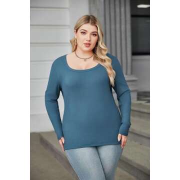 IN'VOLAND Plus Size Fall Scoop Neck Long Sleeve T-Shirts Ribbed Knit Slim Fitted Casual Basic Top Green