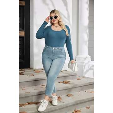 IN'VOLAND Plus Size Fall Scoop Neck Long Sleeve T-Shirts Ribbed Knit Slim Fitted Casual Basic Top Green