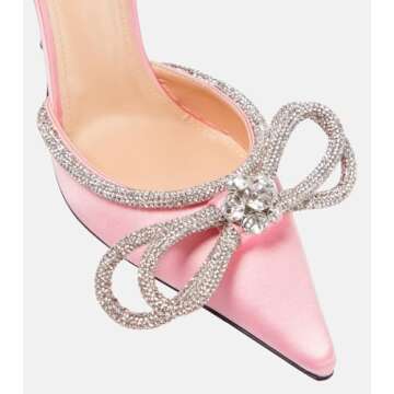 MIRAAZZURRA Women High Heeled Sandals Satin Sparkly Rhinestone Double Bow Sandals Pointy Toe Stiletto Adjustable Crystal Ankle Straps Buckle Shoes Summer Bridal Shoes Pink Size 5.5