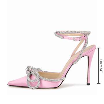 MIRAAZZURRA Women High Heeled Sandals Satin Sparkly Rhinestone Double Bow Sandals Pointy Toe Stiletto Adjustable Crystal Ankle Straps Buckle Shoes Summer Bridal Shoes Pink Size 5.5