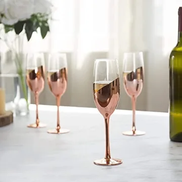 MyGift Rose Gold Pink Champagne Glasses Set of 4, Stemmed Champagne Flute, Sparkling Wine Stemware with Elegant Angled Design