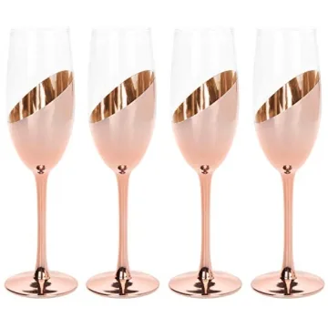 MyGift Rose Gold Pink Champagne Glasses Set of 4, Stemmed Champagne Flute, Sparkling Wine Stemware with Elegant Angled Design