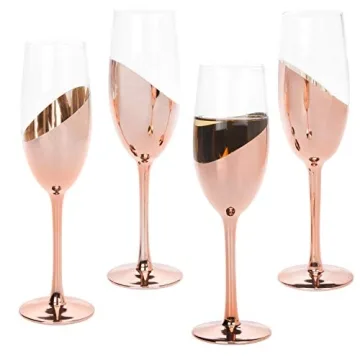 MyGift Rose Gold Pink Champagne Glasses Set of 4, Stemmed Champagne Flute, Sparkling Wine Stemware with Elegant Angled Design