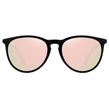 WOWSUN Polarized Sunglasses for Women Vintage Round Mirrored Lens (Black frame pink mirrored lens)