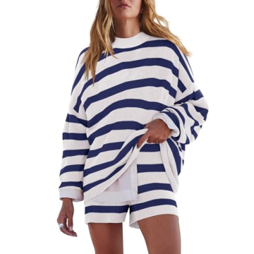 LAMISSCHE Womens Oversized Lounge Sets 2 Piece Outfits Striped Matching Pajama Set Long Sleeve Sweat...