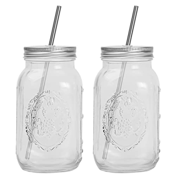 YSJILIDE Smoothie Cups, Glass Mason Drinking Jar, 24oz Smoothie Cups with Lid and Stainless Steel St...