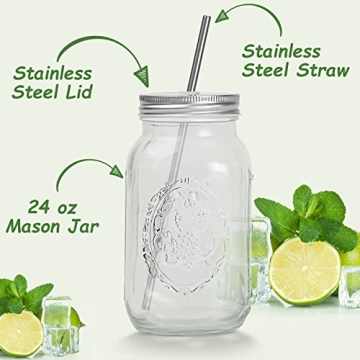 YSJILIDE Smoothie Cups - 24oz Mason Jar with Straw