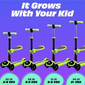 SKIDEE Kick Scooters for Kids Ages 3-5(Suitable for 2-12 Year Old)Adjustable Height Foldable Scooter Removable Seat,3 LED Light Wheels,Rear Brake,Wide Standing Board,Outdoor Activities for Boys/Girls