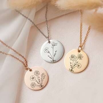 Anavia -Build Your Own Bouquet- Birthmonth Flowers Necklace, Personalized Engraved Floral Coin Neckl...