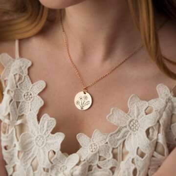Anavia -Build Your Own Bouquet- Birthmonth Flowers Necklace, Personalized Engraved Floral Coin Necklace, Customized Birthday Gifts Love Jewelry for Her Mom Sisters Family (Gold, 2 Flower Bouquet)