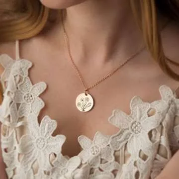 Anavia -Build Your Own Bouquet- Birthmonth Flowers Necklace, Personalized Engraved Floral Coin Necklace, Customized Birthday Gifts Love Jewelry for Her Mom Sisters Family (Gold, 2 Flower Bouquet)