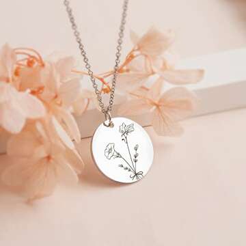 Anavia -Build Your Own Bouquet- Birthmonth Flowers Necklace, Personalized Engraved Floral Coin Necklace, Customized Birthday Gifts Love Jewelry for Her Mom Sisters Family (Gold, 2 Flower Bouquet)