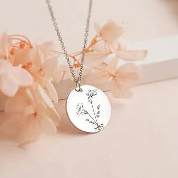 Anavia -Build Your Own Bouquet- Birthmonth Flowers Necklace, Personalized Engraved Floral Coin Necklace, Customized Birthday Gifts Love Jewelry for Her Mom Sisters Family (Gold, 2 Flower Bouquet)