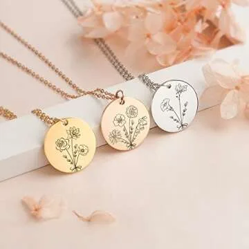 Anavia -Build Your Own Bouquet- Birthmonth Flowers Necklace, Personalized Engraved Floral Coin Necklace, Customized Birthday Gifts Love Jewelry for Her Mom Sisters Family (Gold, 2 Flower Bouquet)