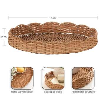 Kate and Laurel Wavley Modern Round Scalloped Woven Rattan Tray, 18 Inch Diameter, Natural Rattan, D...