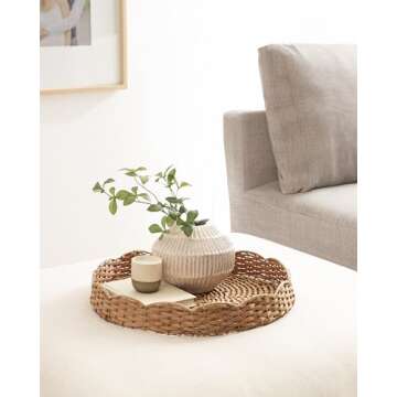 Kate and Laurel Wavley Modern Round Scalloped Woven Rattan Tray, 18 Inch Diameter, Natural Rattan, Decorative Wavy Boho Tray for Use as Versatile Ottoman Tray or Serving Platter