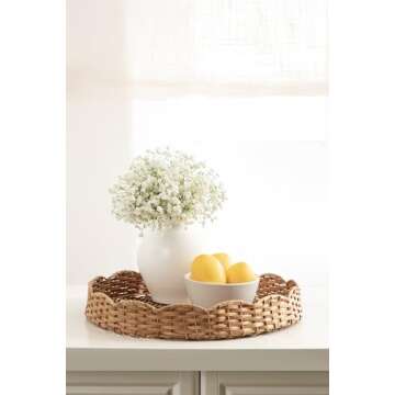 Kate and Laurel Wavley Modern Round Scalloped Woven Rattan Tray, 18 Inch Diameter, Natural Rattan, Decorative Wavy Boho Tray for Use as Versatile Ottoman Tray or Serving Platter