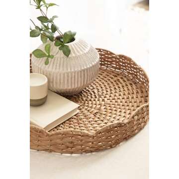 Kate and Laurel Wavley Modern Round Scalloped Woven Rattan Tray, 18 Inch Diameter, Natural Rattan, Decorative Wavy Boho Tray for Use as Versatile Ottoman Tray or Serving Platter