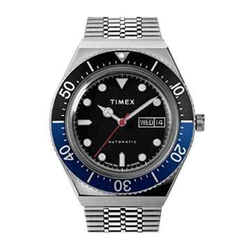 Timex Men's M79 Automatic 40mm Watch – Silver-Tone Case Black Dial Blue/Black Top Ring with Stainless Steel Bracelet