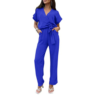 PRETTYGARDEN Women's One Piece Jumpsuits Dressy Casual Summer Short Sleeve Wrap V Neck Belted Wide L...