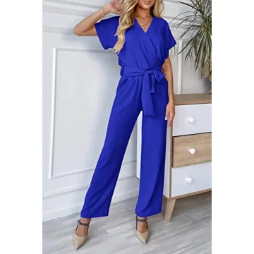 PRETTYGARDEN Women's One Piece Jumpsuits Dressy Casual Summer Short Sleeve Wrap V Neck Belted Wide Leg Pants Romper (Dark Royal Blue,Large)