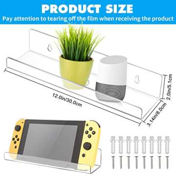 Tuanse 8 Pack Acrylic 12 Inch Floating Wall Mounted Shelves Clear Invisible Wall Ledge Acrylic Bookshelf Display Shelves for Christmas Room Home Bathroom