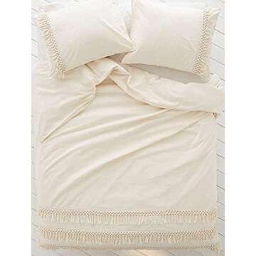 White Duvet Cover Queen Fringed Cotton Tassel Duvet Cover Quilt Cover Full Queen, 86inx90in
