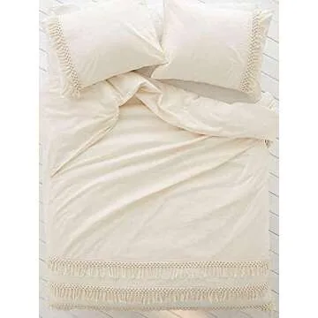 White Duvet Cover Queen Fringed Cotton Tassel Duvet Cover Quilt Cover Full Queen, 86inx90in