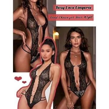 Avidlove Womens Lingerie One Piece Teddy Sexy Halter Lace Bodysuit Mini Babydoll Black Small