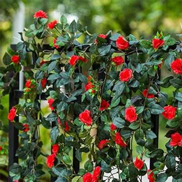Musdoney 4Pcs 32.2 FT Fake Rose Vine Flowers Plants Artificial Flower Garland Hanging Rose Ivy Home Hotel Office Wedding Party Garden Craft Art Decor (Red)