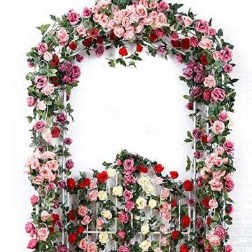 Musdoney 4Pcs 32.2 FT Fake Rose Vine Flowers Plants Artificial Flower Garland Hanging Rose Ivy Home Hotel Office Wedding Party Garden Craft Art Decor (Red)