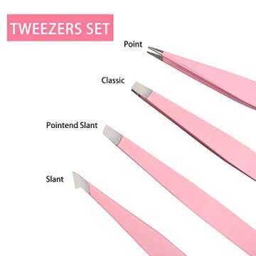 Tirdkid Tweezers Set 4-piece, Professional Stainless Steel Tweezers, Precision Tweezers for Eyebrows, Facial Hair, Ingrown Hair, Splinter, Blackhead and Tick Remover (PINK)