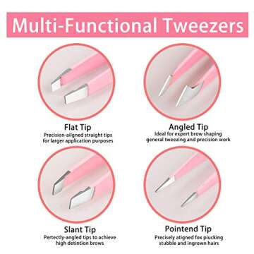 Tirdkid Tweezers Set 4-piece, Professional Stainless Steel Tweezers, Precision Tweezers for Eyebrows, Facial Hair, Ingrown Hair, Splinter, Blackhead and Tick Remover (PINK)