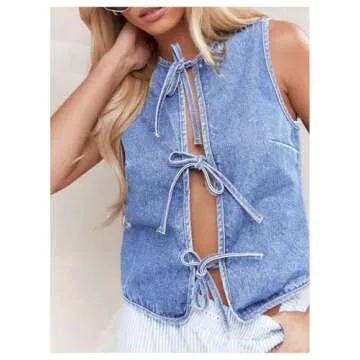 MakeMeChic Women's Jean Vest Tie Front Sleeveless Crop Denim Vest Top Jackets Light Wash Small