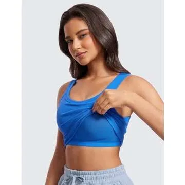 CRZ YOGA Womens Ribbed Longline Sports Bra - U Neck Padded Yoga Cami Workout Crop Tank Top Built in Pads Sparkle Blue Small