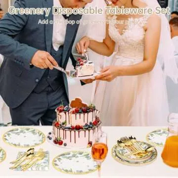 YHomU 126PCS Sage Green Party Supplies Greenery Paper Plates Napkins Cutleries Kit, Spring Eucalyptu...