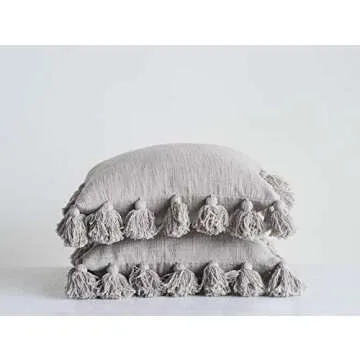 Grey Square Cotton Pillow with Tassels
