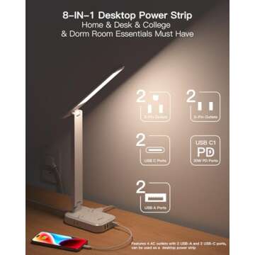 Power Strip with LED Desk Lamp, PD 30W Touch Desk Lamps, 4 Outlets 4 USB Ports(2 USB C) Small Desk L...