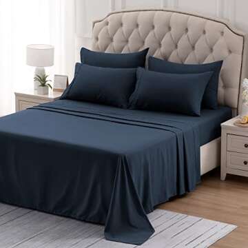 SLEEP ZONE Nanotex Super Soft Cooling King Bed Sheets Set 4 Piece - Easy Care Fitted Flat Sheet & Pillowcase Sets - Wrinkle Free, Fade Resistant, Deep Pocket 16" (Navy Blue, King)